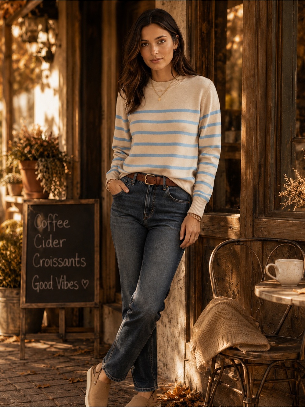NWT English Factory Beige Blue Striped Knit Sweater Medium Quiet Luxury Fall